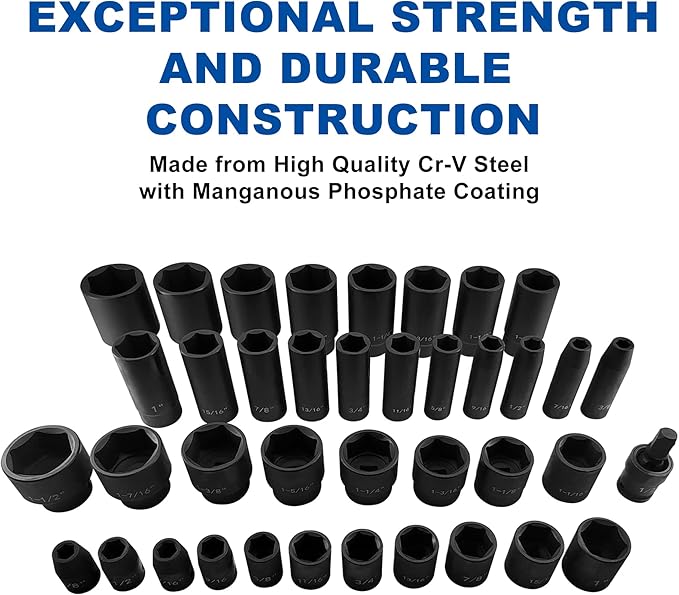 MacWork 39PCS 1/2-Inch Drive Impact Socket Set, CR-V Steel Standard & Deep Socket, SAE, 3/8" to 1-1/2", Universal Joint of 1/2", 6-Point Hex Radius Corner Design