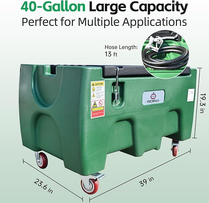 40 Gallon Portable Fuel Transfer Tank with 12V Electric Pump, 3.7 GPM Flow Rate HDPE Fuel Container with Wheels, Gasoline Diesel Kerosene Fuel Storage Tank for Farm, Truck, Boat, and Construction Use