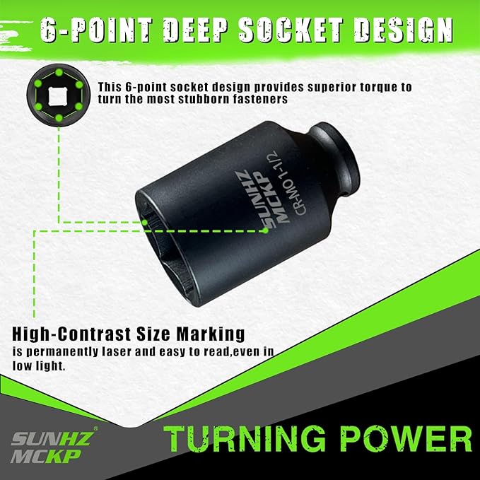 SUNHZMCKP 1/2 Inch Deep Drive Impact Socket, SAE 1-1/2 Socket, CR-MO, 6 Point Axle Nut Socket for Easy Removal of Axle Shaft Nuts (1-1/2 inch)