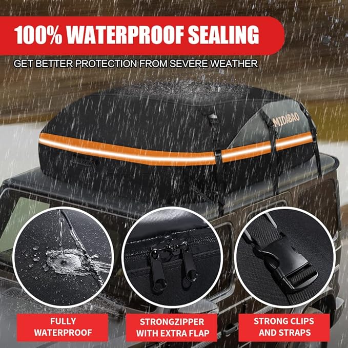 MIDABAO Thickened 20 Cubic Waterproof Duty Car Roof Top Carrier-Car Cargo Roof Bag Car Roof Top Carrier - Easy to Install Soft Rooftop Luggage Carriers with Wide Straps 20 Cubic Feet, ROB01