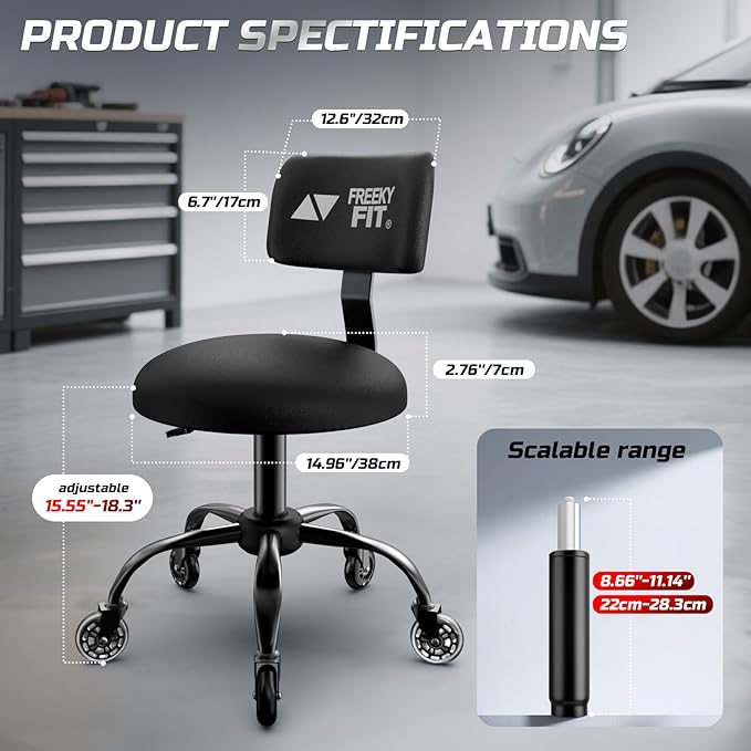 Rolling Shop Stool with Wheels,Mechanic Garage Stool Chair with Adjustable Height 15.55"-18.3",Heavy Duty Swivel Roller Seat for Garage,Salon and Tattoo Beauty, Black