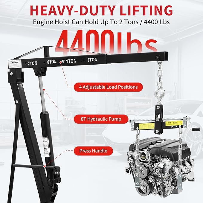 2-Ton Folding Engine Hoist Cherry Picker 4400 Lb Capacity Hydraulic Shop Crane with Telescoping Boom 6 Caster Wheels for Automotive Repair (Black, Engine Hoist with Lever)