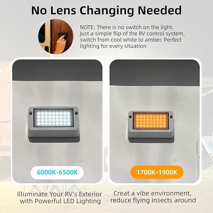 Dual-Color Exterior RV Porch Light LED - 1400 Lumen 12V Waterproof Floodlight for Campers, Trailers Outdoor - IP67 All-Weather Aluminum Fixture - White/Amber Switchable via RV Control (1- Pack)
