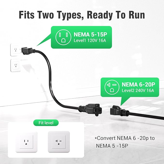 CALION Level 1&2 EV Portable Charger - 16A, Compatible with J1772 EVs, NEMA 6-20P (240V) & 6-20P to 5-15P Adapter (120V), 25FT Cable, LED Light, No Screen, Various Protections