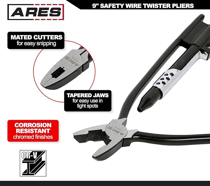 ARES 10010-9-Inch Safety Wire Twister Pliers – Durable Untwist Tool Grips, Twists, and Cuts Stainless Steel Safety Wire on Vehicles, Machinery, and Aircraft