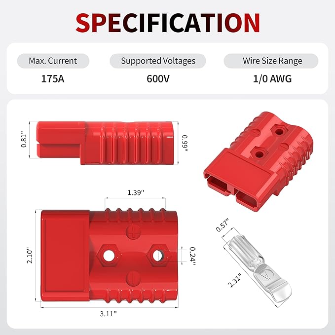 Battery Quick Disconnect Connector 175A, 12V Battery Quick Connect Cable Connector 1/0 AWG for Car Winch Forklift - 4 Pack
