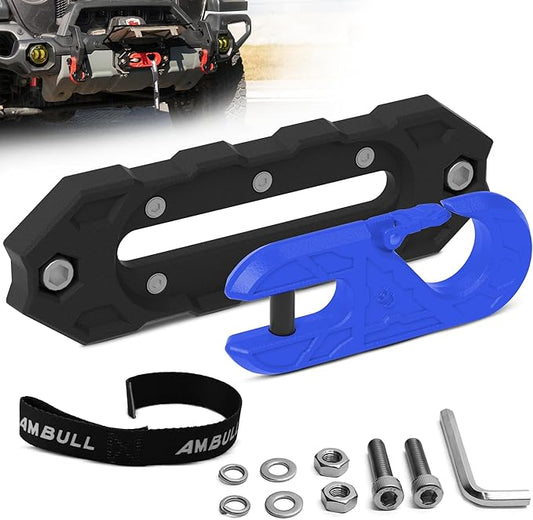 Towing Winch Fairleads with Tow Hook, Upgrade Al Hawse Fairlead with G80 Heavy Duty Forged Steel Winch Hook for Electric Winch, 33000lb Break Strength, for Synthetic Rope Recorvery, BlackBlue