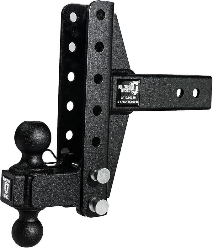 BulletProof Hitches - 2.5" Adjustable Medium Duty Trailer Hitch (14,000 lb. Rating) - Offset 4" and 6" Drop/Rise Trailer Hitch with 2" & 2-5/16" Dual Ball - Powder Coat, Box Steel, Corrosion-Resistant