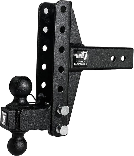 BulletProof Hitches - 2.5" Adjustable Medium Duty Trailer Hitch (14,000 lb. Rating) - Offset 4" and 6" Drop/Rise Trailer Hitch with 2" & 2-5/16" Dual Ball - Powder Coat, Box Steel, Corrosion-Resistant