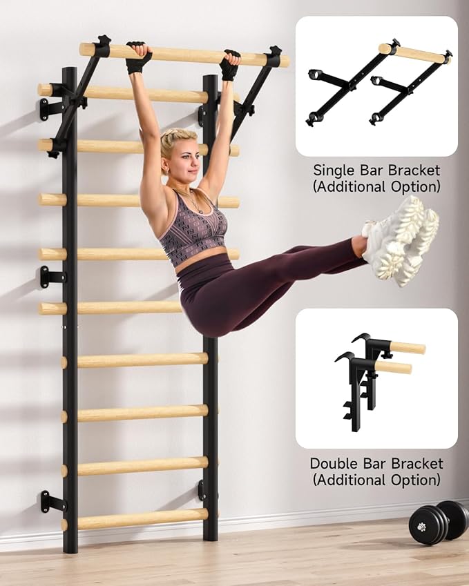 Swedish Ladder Wall Gym, Wooden Wall-Mounted Stall Bars with Pull-up Bar & Exercise Straps & Dip Bars, Stretching Ladder Full Body Home Gym for Adults