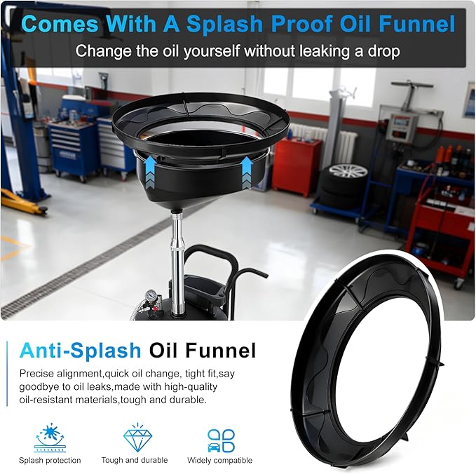 18.5 Gallon Industrial Fluid Drain Tank, Oil Drain Extractor, Portable Pneumatic Waste Oil Drain with Wheels, Adjustable Funnel Height