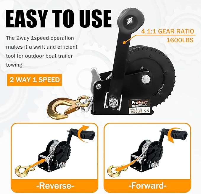 Boat Trailer Winch 1600lbs Capacity with 32Ft Steel Cable,Hand Winch Two-Way Ratchet Adjustable Trailer Winch,Portable Hand Crank Winch for Boat, Truck, ATV, Jet Ski