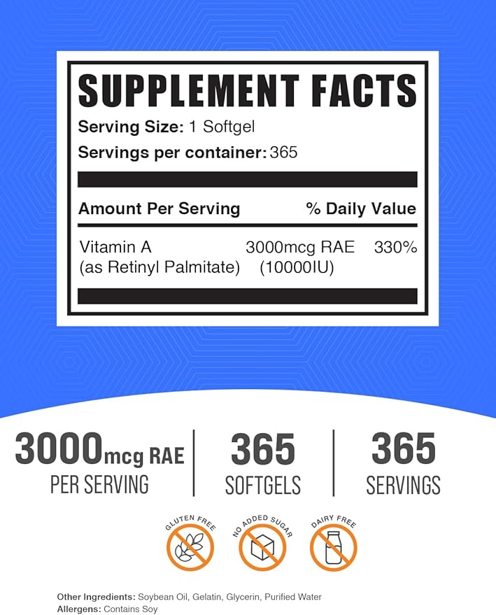 BulkSupplements.com Vitamin A 10000 IU Softgels - as Retinyl Palmitate, Vitamin A Supplement - for Eye & Immune Support, Gluten Free, 1 Softgel per Serving, 365 Count (Pack of 1)