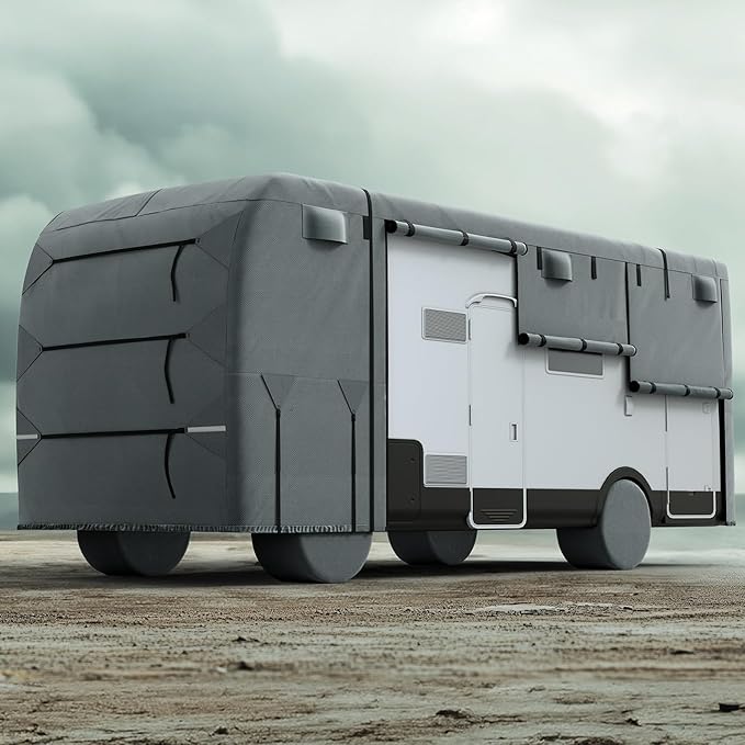 KING BIRD RV Cover, Heavy Duty 5-Layer Snow Protection, Fits 30-33ft Class A Motorhome, with Adhesive Repair Patches,Windproof Straps&Tire Covers