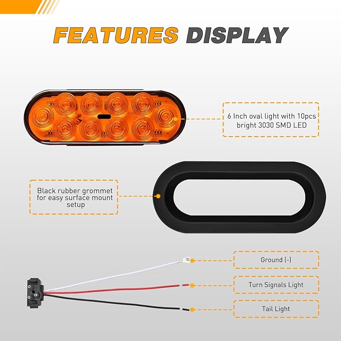 GOOACC 6Inch Oval Trailer Tail Light 2PCS 10LED Amber Turn Signals Lights w/Surface Mount Grommets Plugs IP67 Waterproof for Truck RV Tractor