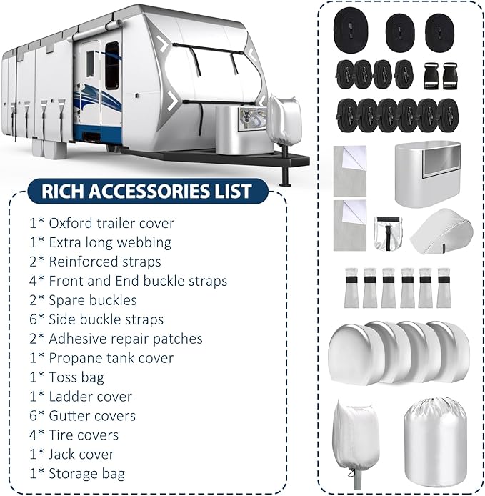 Mofeez Oxford Fabric Travel Trailer RV Cover, 420D Oxford RV Cover 20-22 ft Travel Trailer Tearproof Waterproof Windproof with Tire Covers, Jack Cover and Propane Tank Cover