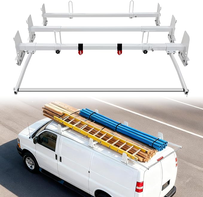 Van Roof Ladder Rack, 3 Adjustable Crossbars (48"-67") with Rain Gutter Mounts, Compatible with Chevy Express 1500/2500/3500, Ford Econoline, and GMC Savana Cargo Vans with Rear Roller