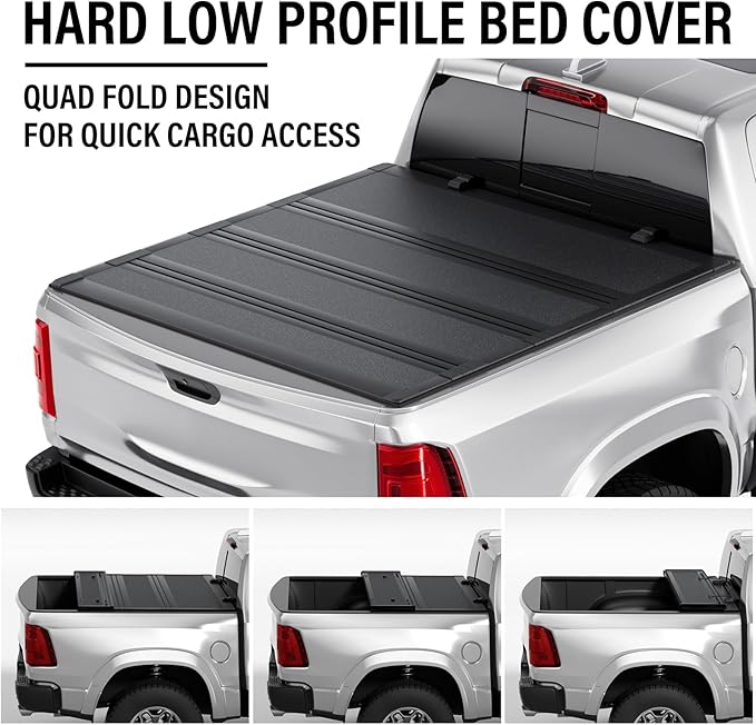 Low Profile Hard Folding Aluminum Truck Bed Tonneau Cover Compatible with 2019-2026 Dodge Ram 1500 5' 7" Bed Without Ram Box (67.4"), Quad-Fold Style