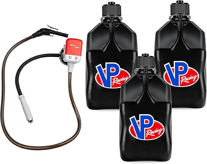 VP Racing 3582-CA, 5.5-Gallon Square Motorsport Jug Black (3 Pack), w/Battery Powered Fluid Transfer Pump (1 Pack)
