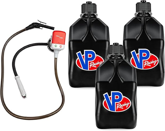 VP Racing 3582-CA, 5.5-Gallon Square Motorsport Jug Black (3 Pack), w/Battery Powered Fluid Transfer Pump (1 Pack)
