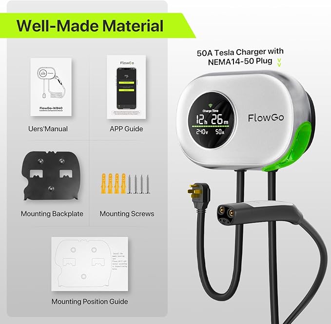 Level 2 Charger for Tesla 50A Smart Home Charger NACS 240V Tesla Charger 50 Apms Large Motion-Activate Display Screen One-Piece Housing Metal Case 25 FT Cable NEMA 14-50 Plug