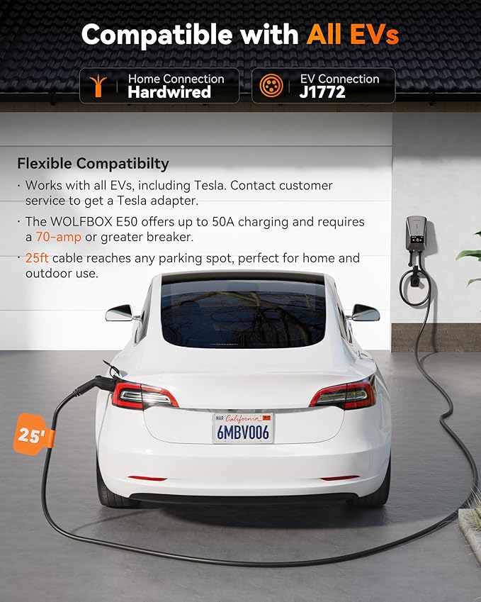 WOLFBOX EV Charger Level 2 50 Amp - Smart Display, RFID Card, 25ft Cable, Outdoor/Indoor, Hardwired Level 2 Charger, WiFi Enabled Electric Car Charger, 240V Electric Vehicle Charging Stations