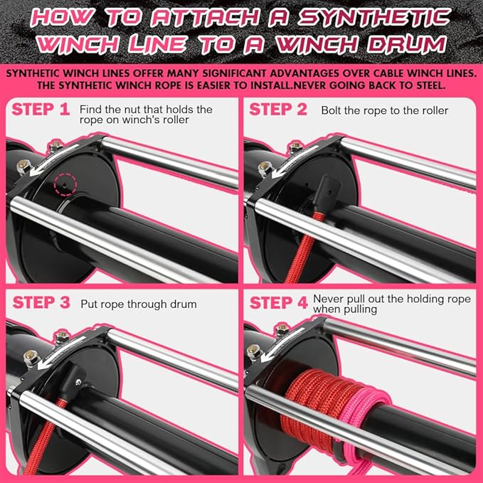 Synthetic Winch Rope, 3/8'' x 85ft 25,000LBS Double Braided Synthetic Winch Line 3/8 Winch Cable Replacement Synthetic Rope with Forged Winch Hook for 4WD Off Road Vehicle SUV Truck(Pink)