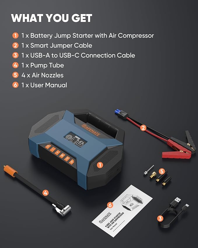 2500A Car Jump Starter with Air Compressor - 120PSI Tire Inflator, 40W Fast Charging, 48.84Wh Portable Power Bank, Voltage Tester for 8L Gas/6L Diesel Engines