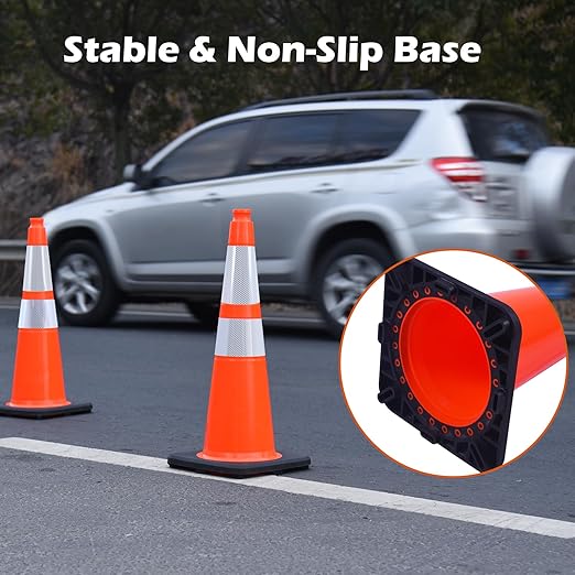4 Pack 28" inch Orange PVC Traffic Safety Cones with Reflective Collars and Heavy Duty Black Rubber Base, Durable Cones for Parking Lots, Roadwork, Driveways and Event Use