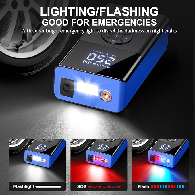 Jump Starter with Air Compressor, 8000A 180PSI, Portable Car Battery Jump Starter (All Gas/12L Diesel) 12V Automobile Jump Box Pack Chargers with Jumper Cables, 4-Mode LED Lights (Blue)