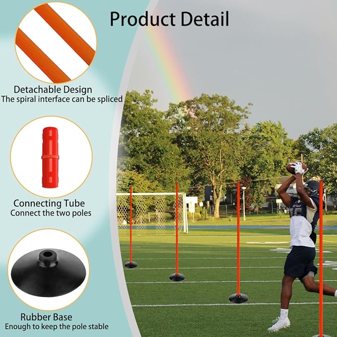 TNZMART 4.9FT Training Agility Poles Detachable Soccer Training Sticks Multi-Purpose Slalom Boundary Poles with Rubber Bases