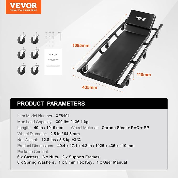 VEVOR Mechanic Garage Creeper, 40-Inch, 300 lbs Capacity Automotive Rolling Creeper with 6 Casters Adjustable Cushioned Headrest, Heavy Duty Steel Frame Low Profile for Garages, Repair Shops, and DIY