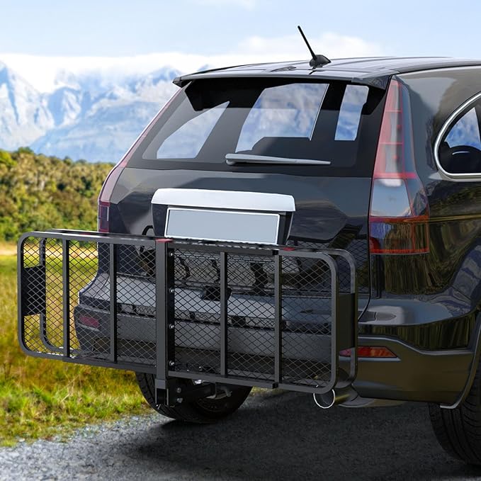 FORWODE 500 LBS Hitch Mount Cargo Carrier Basket, 60"x20"x6" Folding Hitch Cargo Carrier Rack for 2 Inch Receiver, Car Rack Rear Luggage Basket for Car SUV Traveling