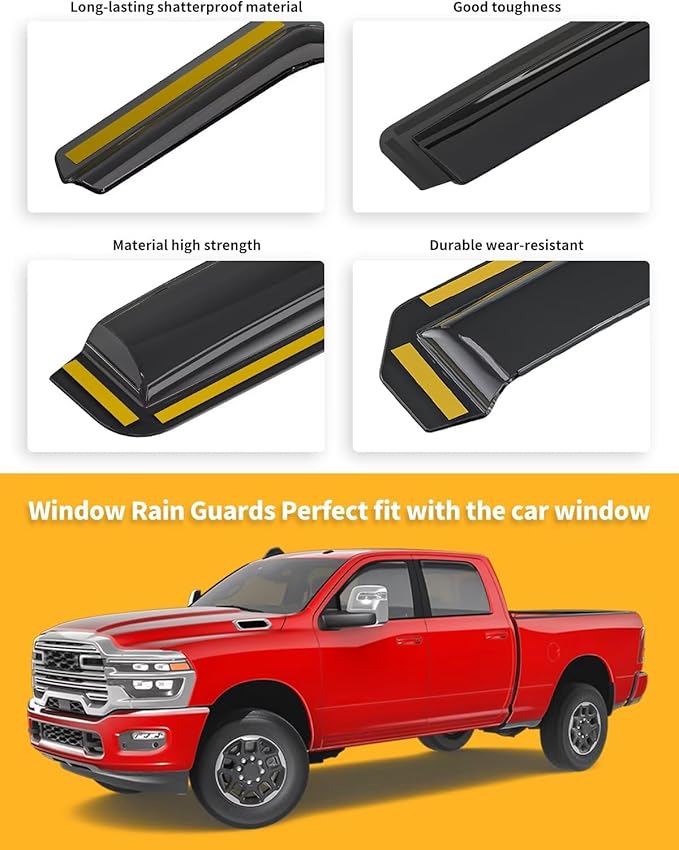 in-Channel Window Rain Guards Fit for Truck Dodge RAM 2500 3500 2019-2026 Crew Cab Extra Durable Window Visors Window Deflectors Vent Visors Vent Shades Car Accessories-4 pcs 2-Q07