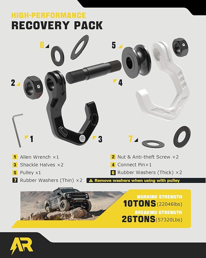 Snatch Block Separate Shackle, 3/4" D Ring Shackle with Pulley, 57320lbs Break Strength, Towing Winch Snatch Block for Off Road Vehicle Recovery, Black White 1-Pack