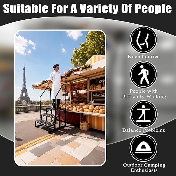 RV Steps with Handrails, 3 Step RV Stairs 660 lbs Load Capacity, Step Ladder with Anti-Slip Panel, Mobile Home Stairs for Travel Trailers