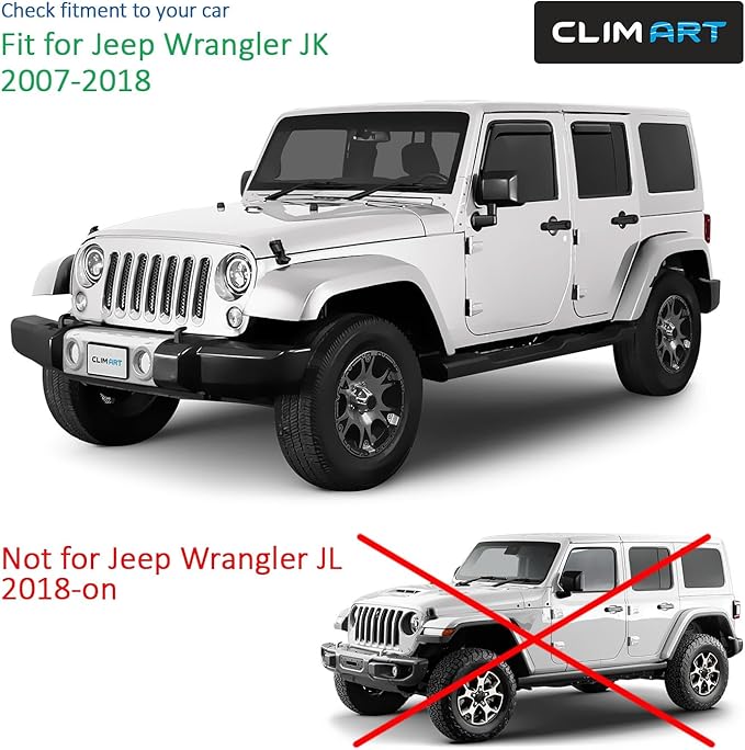 CLIM ART in-Channel Incredibly Durable Rain Guards for Jeep Wrangler JK 2007-2018, Original Window Deflectors, Vent Window Visors, Vent Deflector, 4 pcs. - 607169