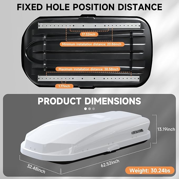 Hard Shell Roof Cargo Carrier with Security Keys, Roof Box, Cargo Box, 62.52 (L) x32.48 (W) x 13.19(H) Inches, 14 Cubic Feet (Tool-Free Install), White
