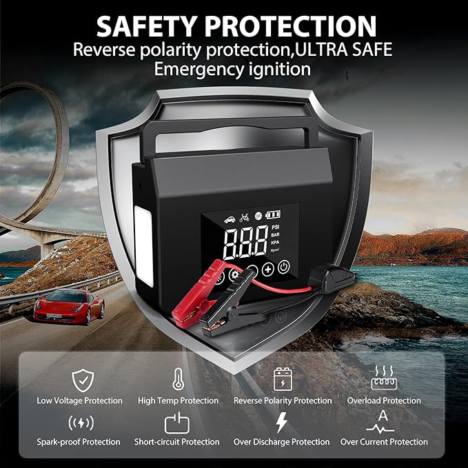 Jump Starter with Air Compressor, 4000A Car Battery Jump Starter(ALL Gas/8.0L Diesel) with 150PSI Tire Inflator 12V Car Battery Jump Power, 15000mAh PowerBank With LED Light, with Type-C Quick Charge.