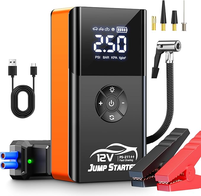 Jump Starter with Air Compressor, 8000A 180PSI, Portable Car Battery Jump Starter (All Gas/12L Diesel) 12V Automobile Jump Box Pack Chargers with Jumper Cables, 4-Mode LED Lights (Pumpkin Orange)