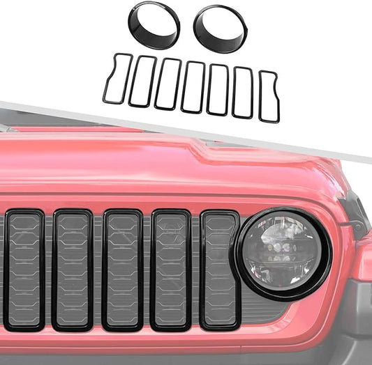 Jimen for 2024 Jeep Wrangler 4xe Grill Inserts, 9PCS Headlight Cover & Grille Insert Compatible with Jeep Wrangler JL JLU 2024+, NOT FIT JL Sport/Sport S (Black)