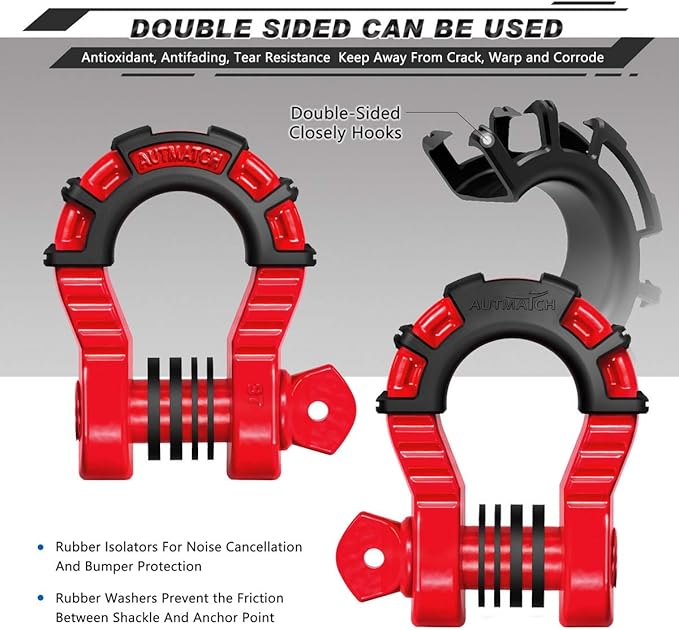 AUTMATCH D Ring Shackles 3/4" Mega Shackle (2 Pack) 68,000Ibs Break Strength - Heavy Duty Clevis Shackles with 7/8" Screw Pin and Isolator Washer for Tow Strap Winch Off Road Vehicle Recovery, Red