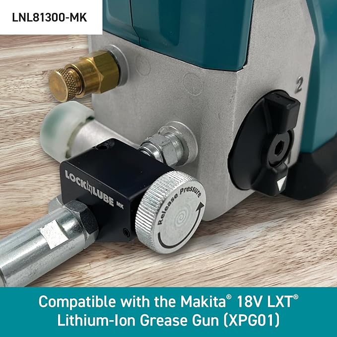 LockNLube Pressure Return Valve For Use With Cordless Grease Guns. No more pressure locks! Returns grease to the tube. Releases hose backpressure. Options for specific model grease guns. (LNL81300-MK)