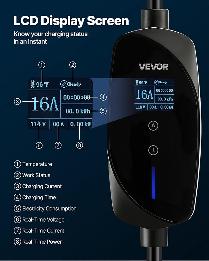 VEVOR Level 1&2 EV Charger, 16 Amp Adjustable Current, Electric Vehicle Portable Charger with 25 ft Cable, 120V-240V, NEMA 6-20P Plug NEMA 5-15 Adapter, LCD, Home Car Charging Station for SAE J1772 EV
