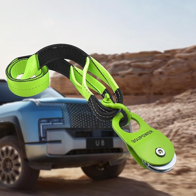 Off Road Winch Recovery Kit, 10 Ton Heavy Duty Snatch Block Pulley with 3" x8' Tree Saver Strap and 2Pcs 3/4" D Ring Shackles, Winching Accessories for Truck Car SUV ATV Green