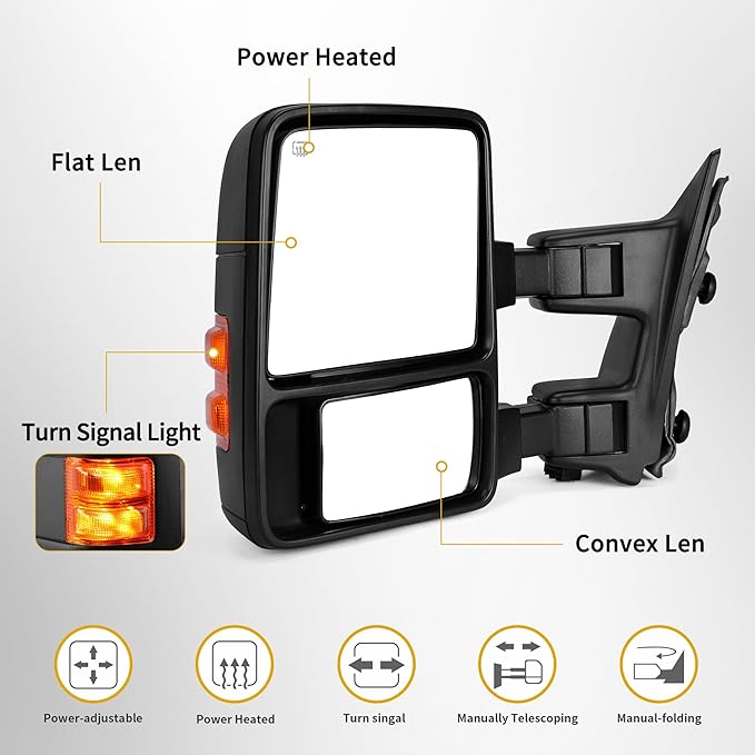 DWVO Towing Mirrors Fits 2008-2016 Ford F250 F350 F450 F550 Super Duty, Left Driver Side Mirror with Power Heated, Telescoping, Turn Signal Lights, Black