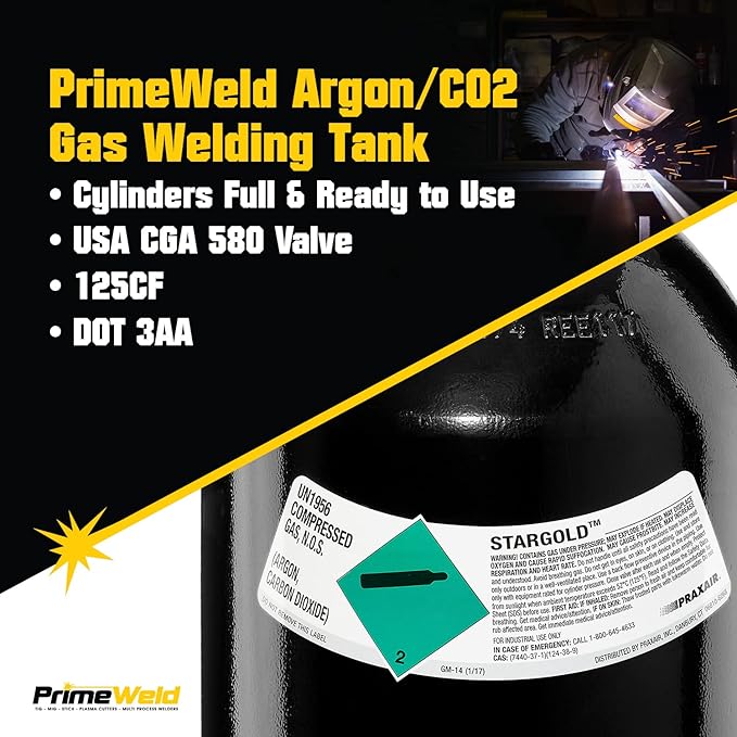 PrimeWeld 75% Argon 25% CO2 Bottle 125CF | DOT 3AA | USA CGA 580 Valve | Best Gas Blend for MIG Welding | Cylinders Full & Ready to Use