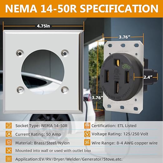 NEMA 14-50R Outlet 50 Amp EV Charging Receptacle with Wall Plate,50 Amp EV Outlet 125/250 Volt 14-50R Flush Receptacle for Electric Vehicle Charging RV Range Oven Stove,3-Pole 4-Wire,ETL Listed