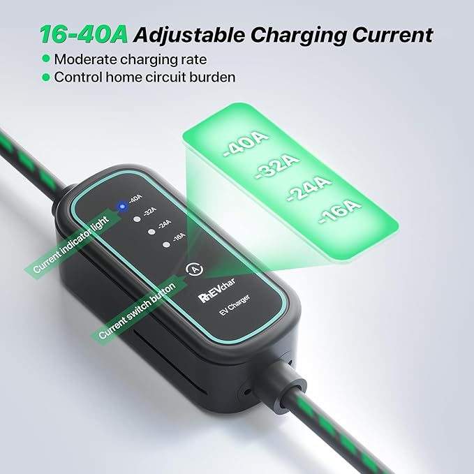 40A Level 2 EV Charger Portable J1772 Adjustable Amps 240V Mobile Electric Car Chargers with NEMA 14-50 Plug, 25FT Cable, Wall Mount Holster, Travel Storage Bag Included