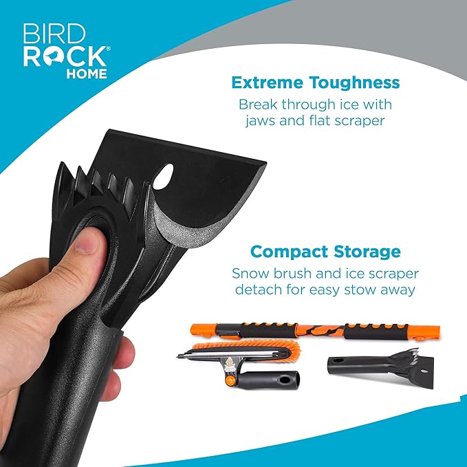 BIRDROCK HOME 58" Extendable Snow Brush with Detachable Ice Scraper | Heavy Duty, Non-Scratch for Cars, SUVs, Trucks | Windshield Paint Friendly | Telescoping Handle, Pivoting Squeegee & Bristle Head